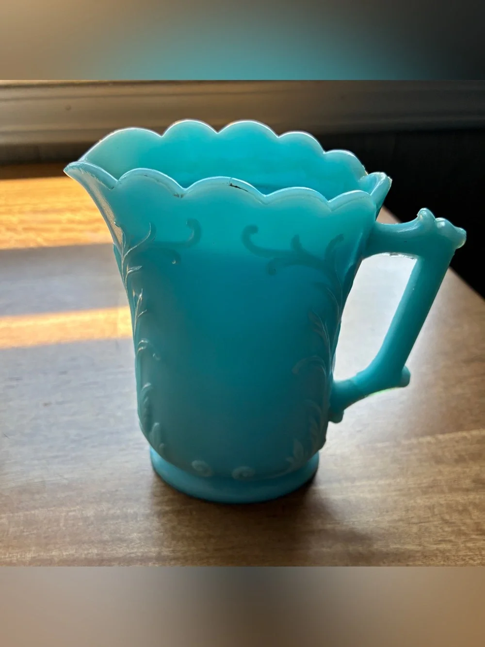 Vintage Blue Milk Glass Cream Pitcher 5” x4.5”